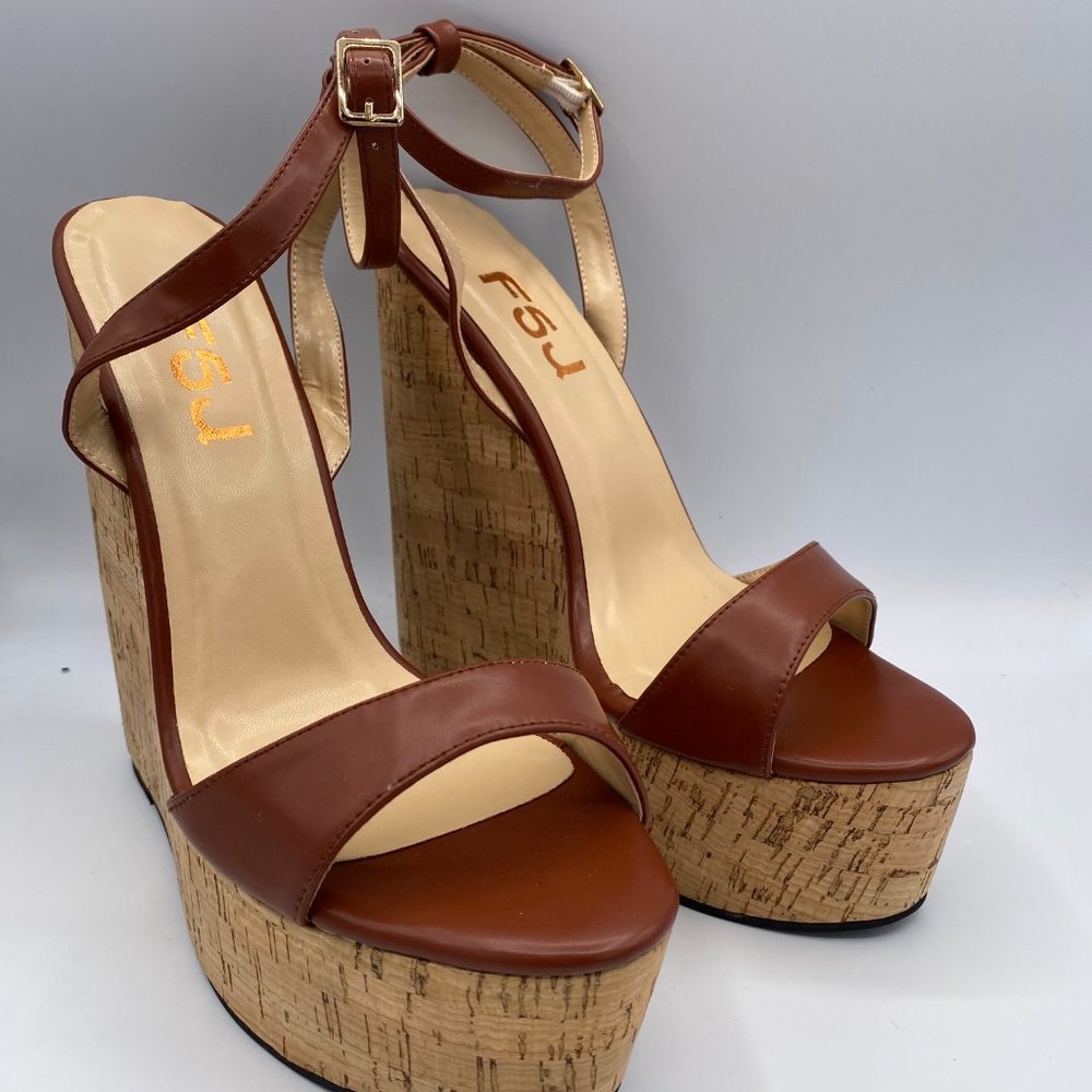 FSJ Tan Wedges Sandals Ankle Strap Slingback Open - Picture 4 of 11
